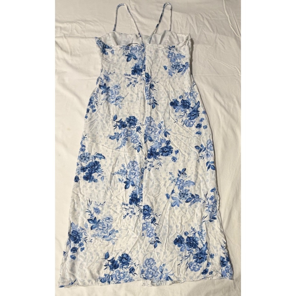 Zara Blue White Floral Midi Dress Cutout Front Slit XL Toile Print Smocked Back - Picture 2 of 6